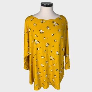 Croft & Barrow Womens 2X Scalloped Neckline Yellow Floral Print Cotton Top